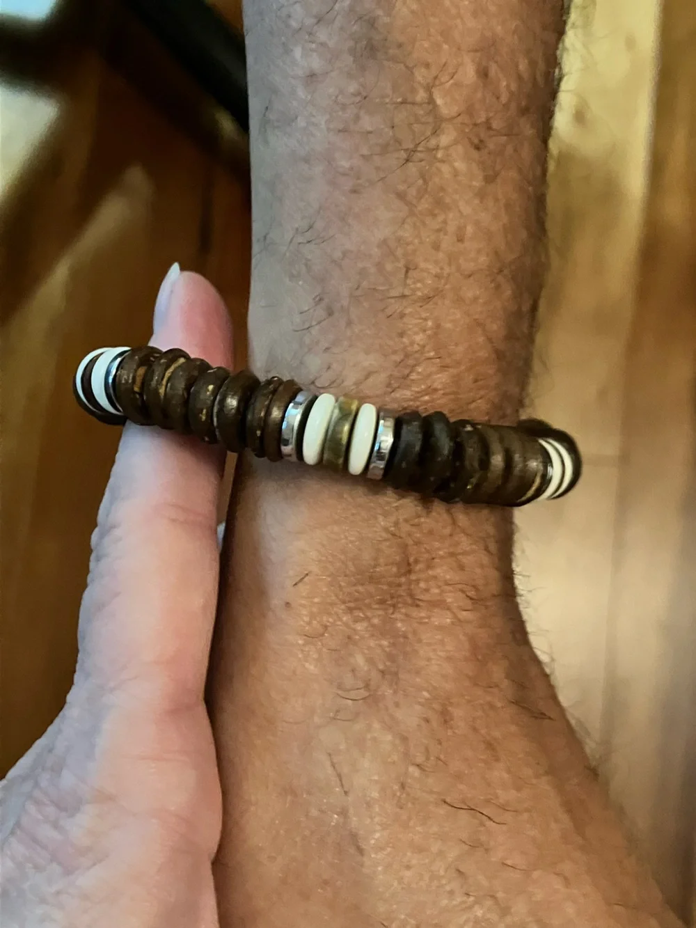 Men's Bracelet Wood (7 in a row), Gemstones, Hematite + stone beads